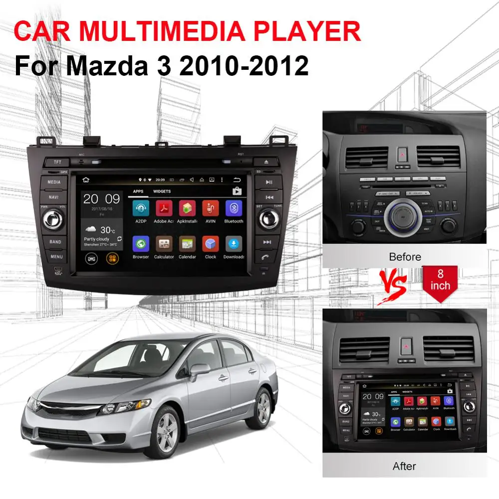 Discount 8 Inch Android 8.0 Octa Core 4GB+32GB Car PC GPS Radio Stereo with Bluetooth For Mazda 3 2010 2011 2012 Head Unit DAB+ WIFI 4