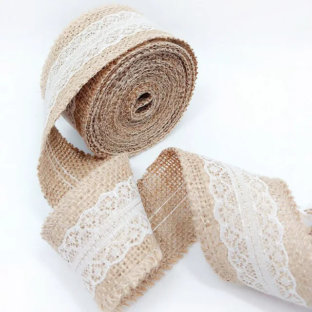 5M Natural Jute Burlap Hessian Ribbon with Lace Trims Tape Rustic