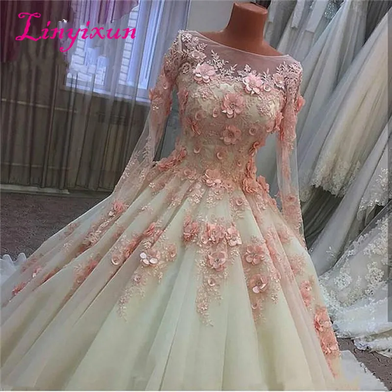 

Real Photo Vintage Ball Gown Wedding Dresses 2018 3D Florwers Handmade Flowers Court Train Tulle Long Sleeves Cheap Bridal Gowns