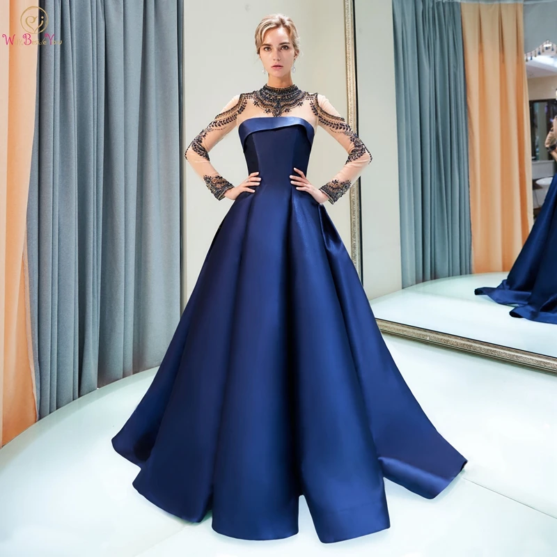 

Wine Red Evening Dress 2019 New Satin Smooth Fluffy Reflective High Neck Sweep Train A Line Beading Long Sleeves Prom Gown