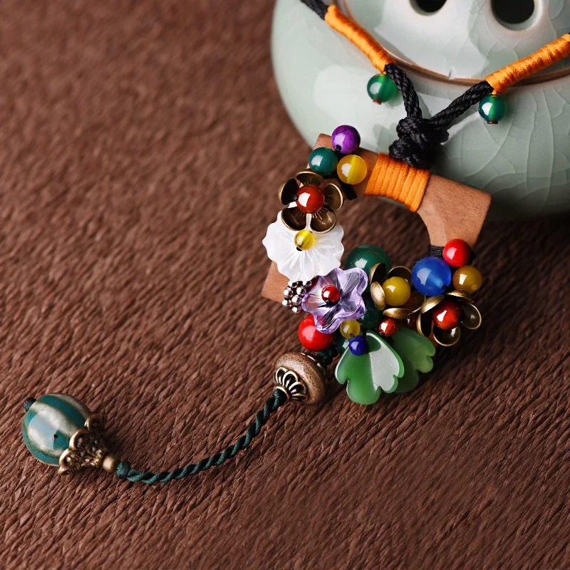 

Wooden jewelry cooper flowers vintage necklace ,new ethnic necklace,handmade colorful stone green glazed glazed leaves necklace