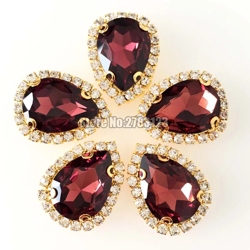 

7x10mm 10x14mm 13x18mm 18x25mm 10pcs Wine red faltback Crystal button,AAA Glass Crystal Gold bottom sew on loose rhinestones
