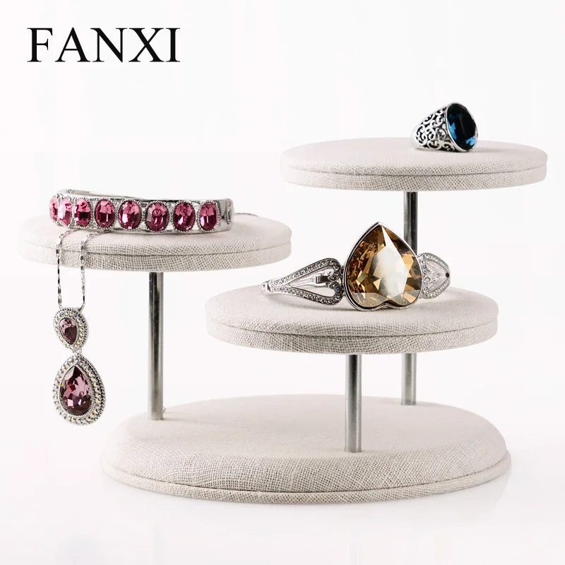 

FANXI Creamy-white Linen Jewelry Display Stand with 3 seats Bracelet Bangle Ring NecklaceDisplay Holder jewelry sets