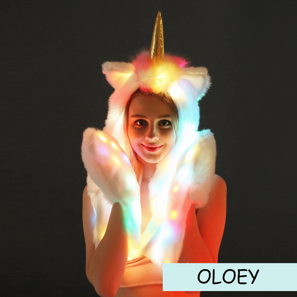 

OLOEY Illuminated Unicorn Lights Faux Fur Hat Scarf Christmas Color LED Animal Hat Plush Toys Holiday Gift Cap
