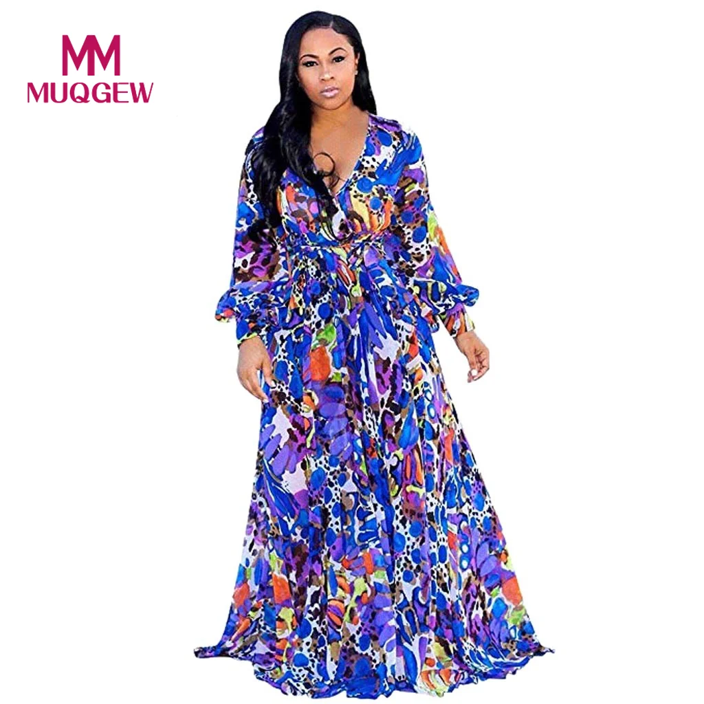 

Womens Stylish Chiffon V-Neck Printed Floral Maxi Dress with Waisted Belt Plus summer clothes for women robe femme ete 2019