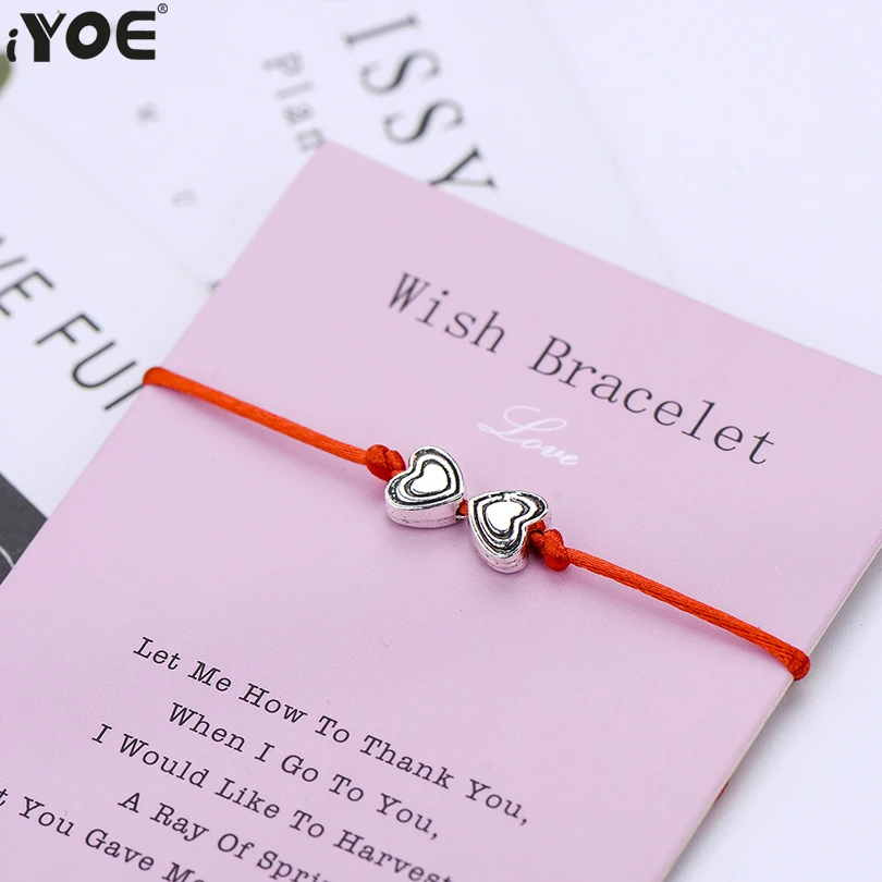 

IYOE Handmade Love Heart Red Bracelets For Women Kids Lucky Rope Wish Bracelet With Best Wishes Card Couple Friendship Jewelry