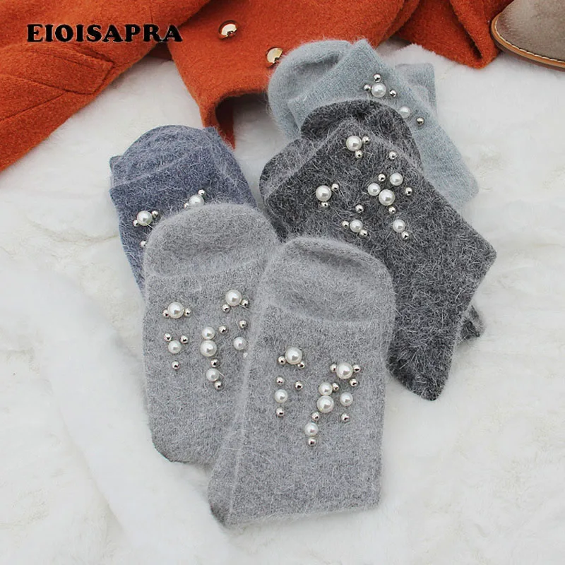 

[EIOISAPRA]Rabbit Wool Pearl Glitter Warm Handmade Gift Socks Women High Colorful Shining Meias Fall/Winter Calcetines Mujer