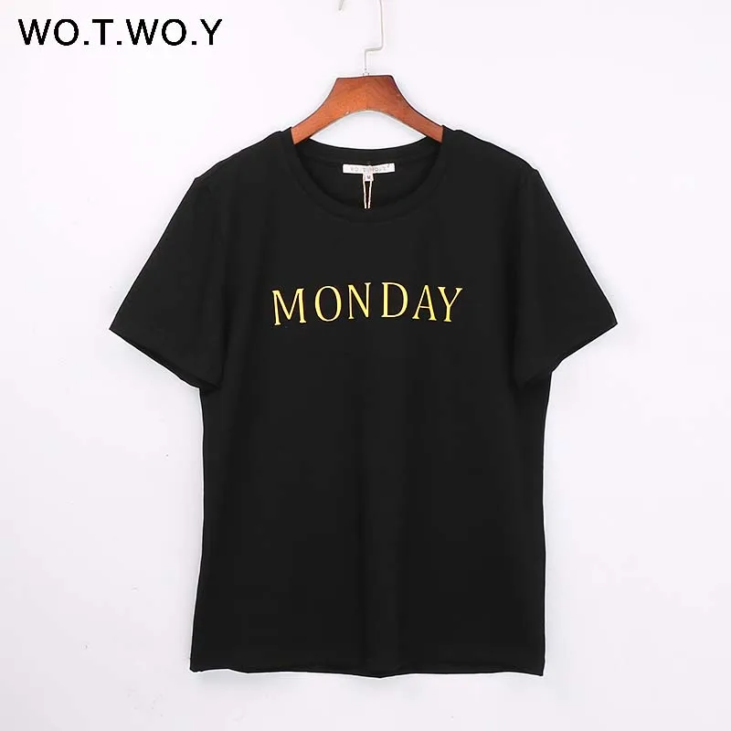 WOTWOY, повседневная хлопковая футболка, женские летние топы с коротким рукавом, женская футболка с тиснением и буквенным принтом, женские свободные футболки, женские футболки - Цвет: Monday