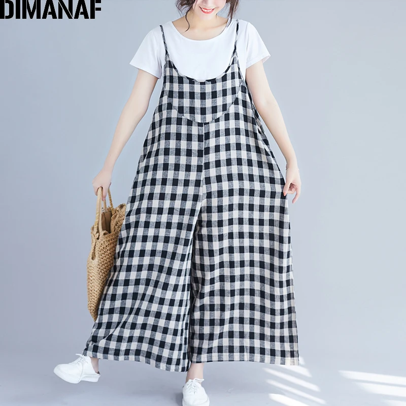 

DIMANAF Plus Size Women Jumpsuits Long Pants Sleeveless Cotton Summer Big Size Trousers Female Clothes Loose Plaid Black 2019