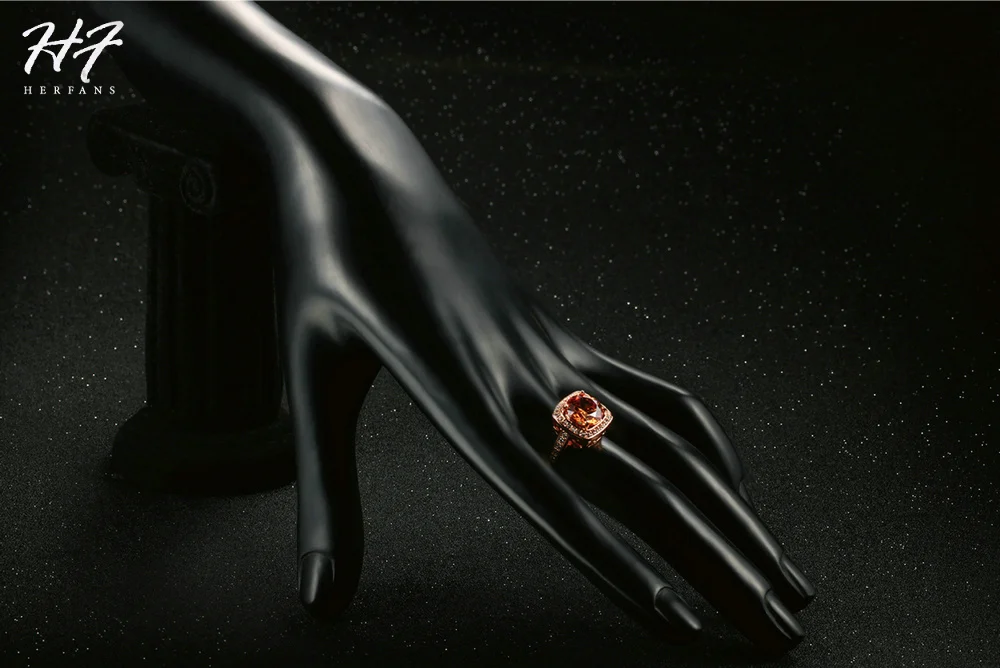Trendy Champagne Crystal Rings for Women AAA+ Cubic Zirconia Rose Gold Color Fashion Jewelry Xmas Gift for Girls R057