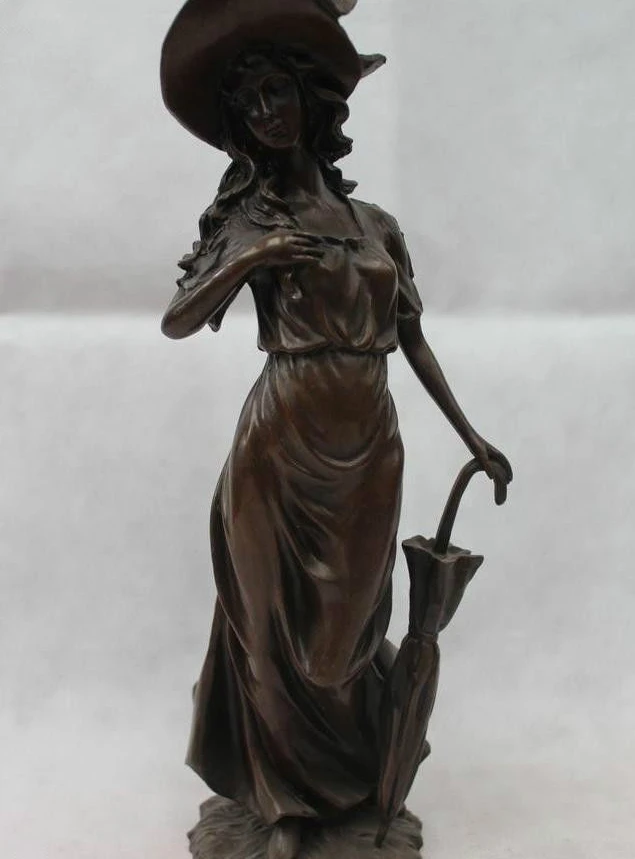 

13"Westen Bronze Marble Sexy Stand Belle Girl Lady Woman umbrella Art Statue