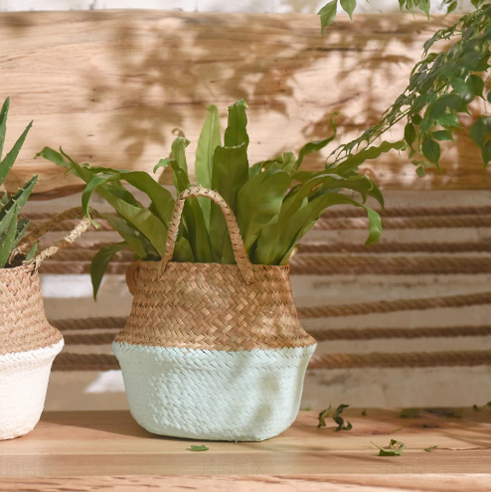 Basket Straw Woven Storage Garden Flower Wicker Bag Pot Planter Seagrass Belly