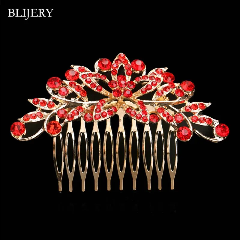 Blijery Gold Color Flower Wedding Hair Combs Red Rhinestone Crystal