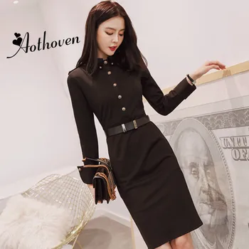 

Autumn Bodycon Pencil Dress Women Black Sashes Stand-up Collar Long Sleeve Dress Casual Office Elegant Party Dresses Vestidos