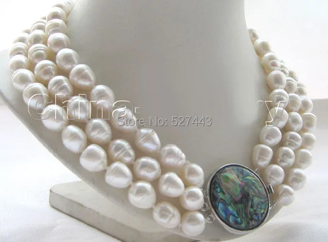 

Wholesale free shipping >>17-19" 3row white baroque rice freshwater pearl necklace - abalone shell