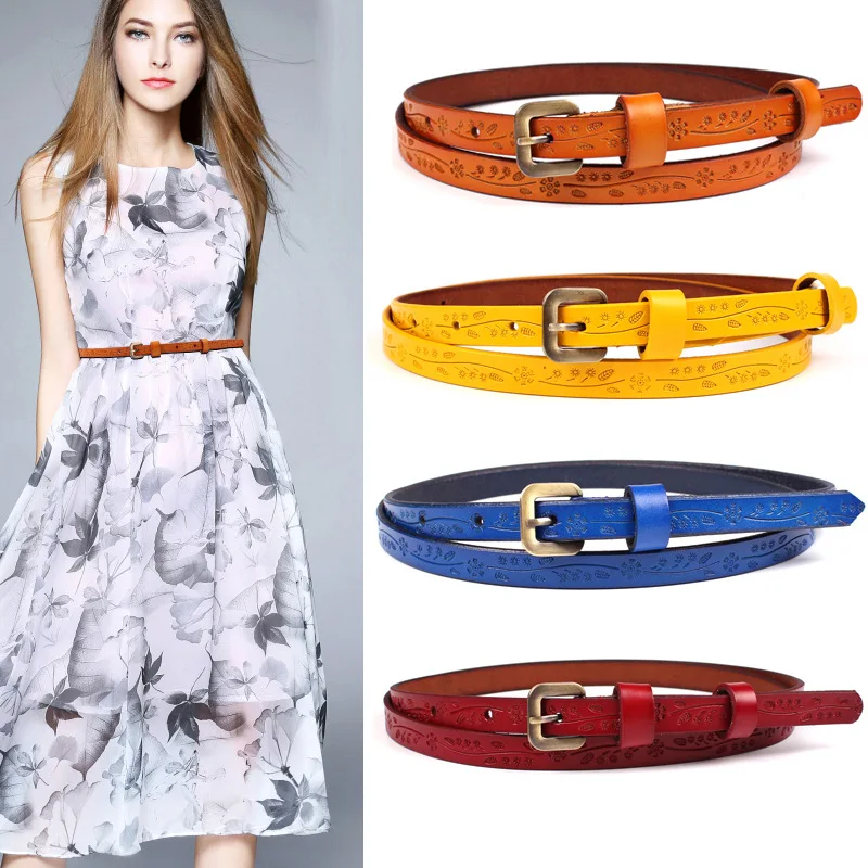 0 : Buy 2018 New Yellow Red Black Thin Genuine Leather Dress Belt Womens Floral ...