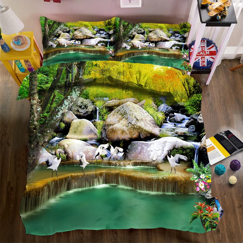 

Stones with running water and small waterfall 3d effect photo bed linen can be customized photo pattern