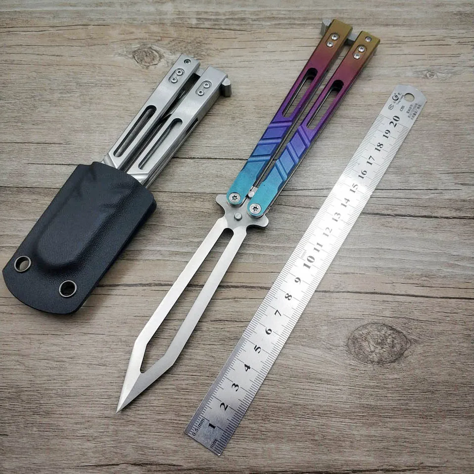 

Swayboo silver dull Training Knife Butterfly fade Titanium Handle Bearing gasket Butterfly in Knife For Man Gift+Bag +Scabbard