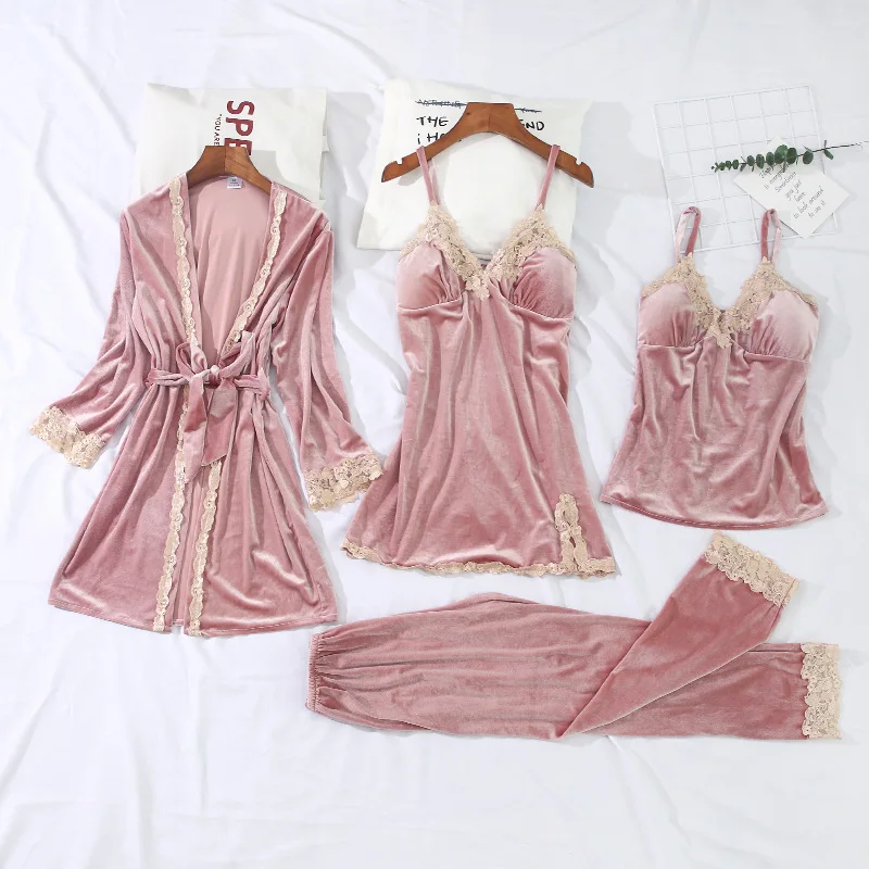 

MECHCITIZ 2019 New 4 Pieces Gold Velvet Pajamas Sets for Women Autumn Winter Pants Sexy Pijama Robe Bathrobe Sleepwear Pyjamas