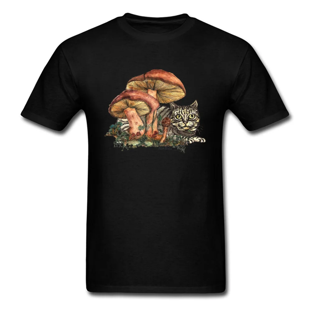 Mushroom and Cat NEW YEAR DAY Cotton Crew Neck Tops & Tees Short Sleeve Crazy Tee-Shirt 2018 New Fashion Comics T-Shirt Mushroom and Cat black