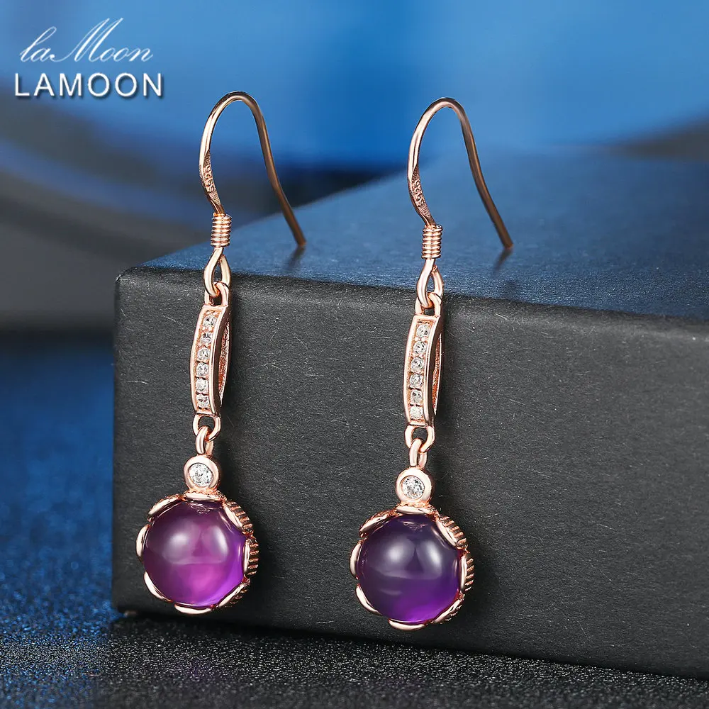 LAMOON 8mm 3.3ct 100% Natural Roundness Purple Amethyst 925 Sterling Silver Jewelry Drop Earrings LMEI019