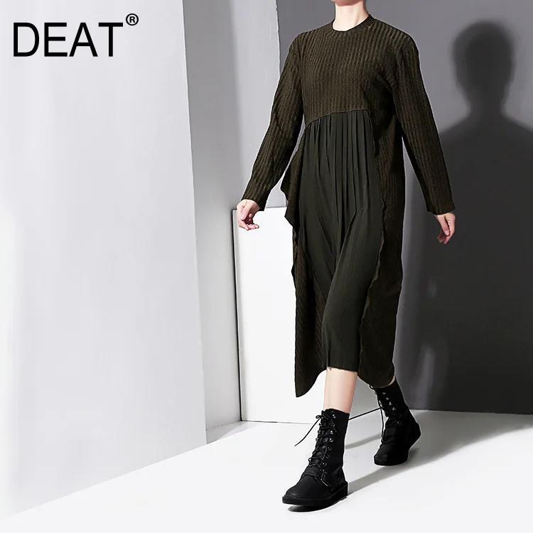 

[DEAT] 2019 Spring Round Neck Long Sleeve Hem Pleated Split Joint Chiffon Loose Knittng Dress Women Fashion Tide E5790