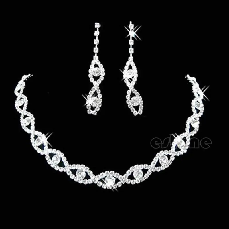 

Wedding Bridal Jewelry Clear Crystal Diamante Twisted Necklace Drop Earrings Set