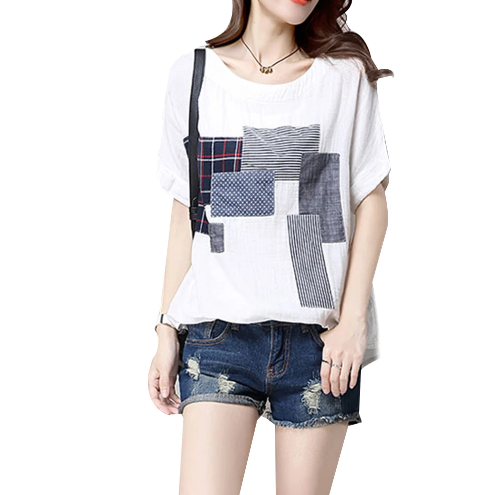 

High Quality Round Neck Striped Summer Women Loose Casual Top White Short Sleeve Women T-shirt M-2XL