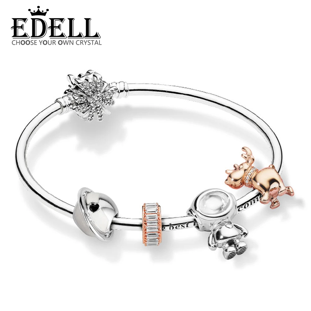 

EDELL 100% 925 Sterling Silver ZT0214 Space Journey Winter Bracelet Setp ROSE REINDEER CHARM Planet of Love Charm Astronaut
