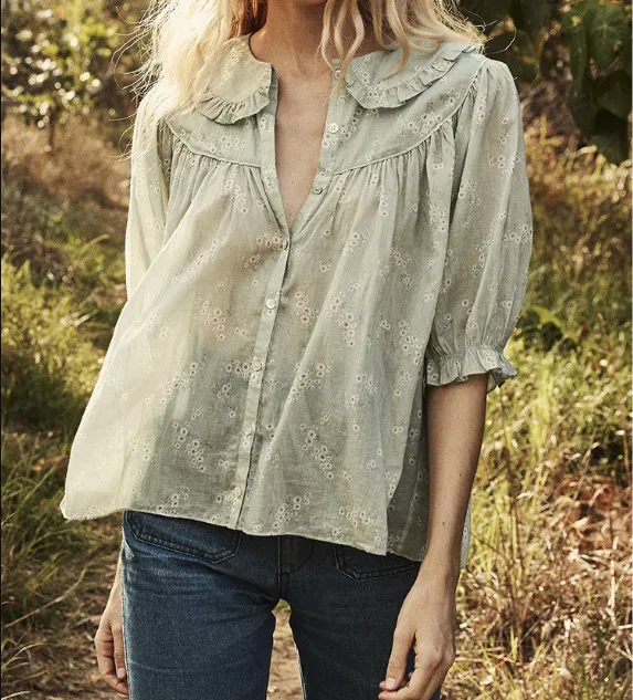 

Ruffled Lace Shirt Casual Green Blouse Women Short Sleeve Cotton Girls Tops