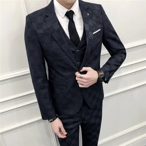 Мужской деловой костюм, комплект из 3 предметов, деловой свадебный банкет, мужские клетчатые костюмы, куртки с жилетом и брюками, тонкие элегантные мужские комплекты - Цвет: black gray