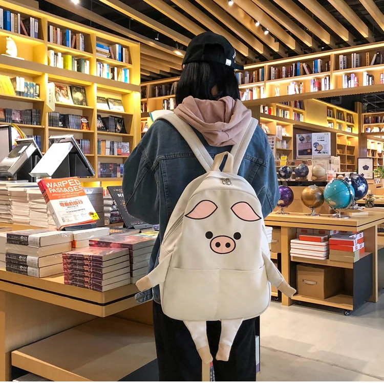 Menghuo Cute Cat Canvas Backpack Cartoon Women Backpacks for Teenage Girls School Bag Fashion Black Pink Pig Rucksack mochilas_01