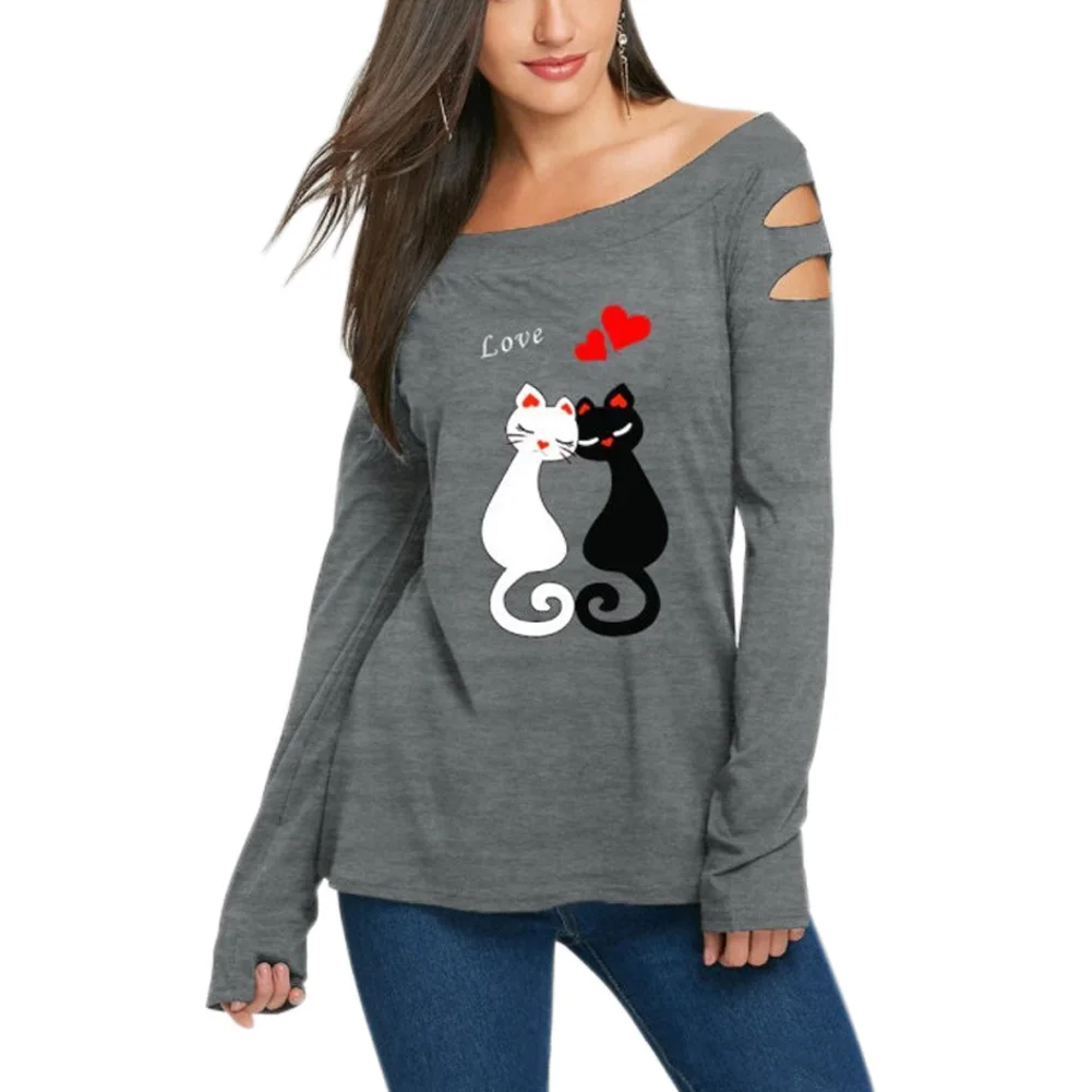  New Women Spring Off Shoulder T-shirts Animal Cat Lover Pattern Print Long Sleeves Girl Hole Cut T 