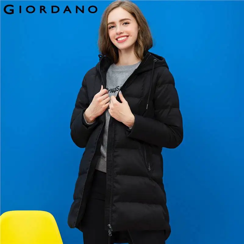 Giordano Women Down Jacket Mid Long Hood With Drawstring Long Sleeves ...