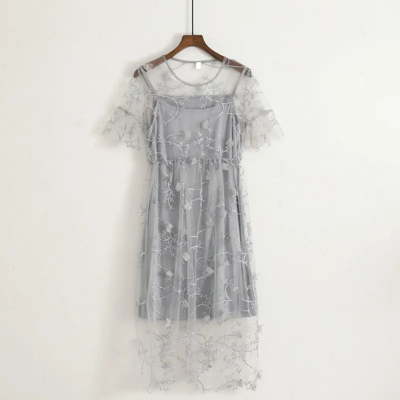 Women Dress Для женщин летние o-образным вырезом Flare рукавом вышитый ажурный цветок платье Винтаж эластичный тонкий Mesh сетчатая вуаль пуловер миди из тюля платья - Цвет: Women Dress