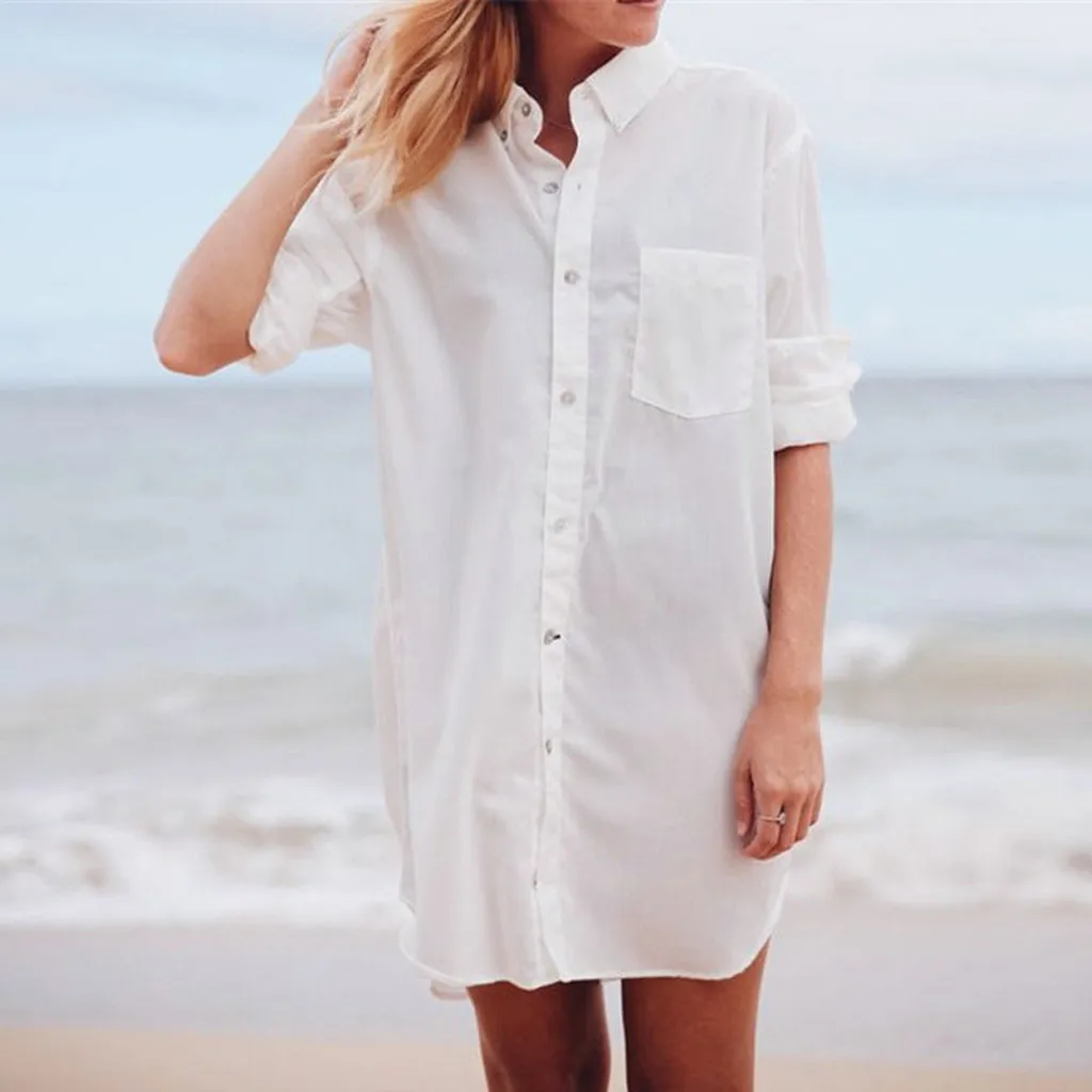 

MUQGEW casual dress beach dress summer dress Womens Solid Buttoned Shirt Collar Solid Tunic Long Sleeves Shirts Mini Dress#G4