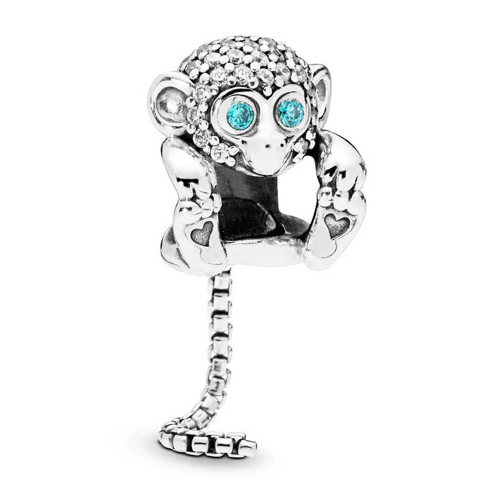 

New 925 Sterling Silver Bead Charm A Long Snake-chain Tail Sparkling Monkey With Crystal Beads Fit Pandora Bracelet Diy Jewelry