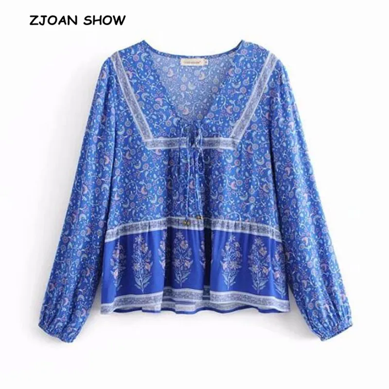 

Bohemian Contrast Color Floral Print Shirt Blue Ethnic Women Bell Lace Up V neck Long Sleeve Pullover Blouse 2018 Casual Tops