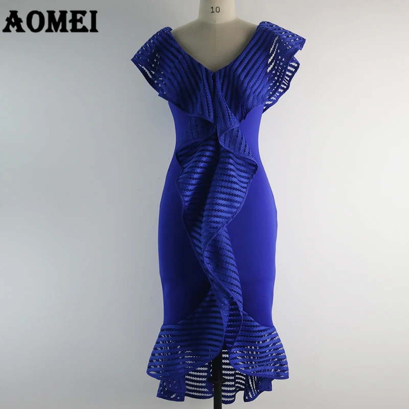 Cena Kobiety Party niebieska sukienka Sexy wzburzyć Patchwork Tulle Lady Clubwear kolacja wieczór Plus rozmiar szczupła obcisła tunika Femme szaty XXL