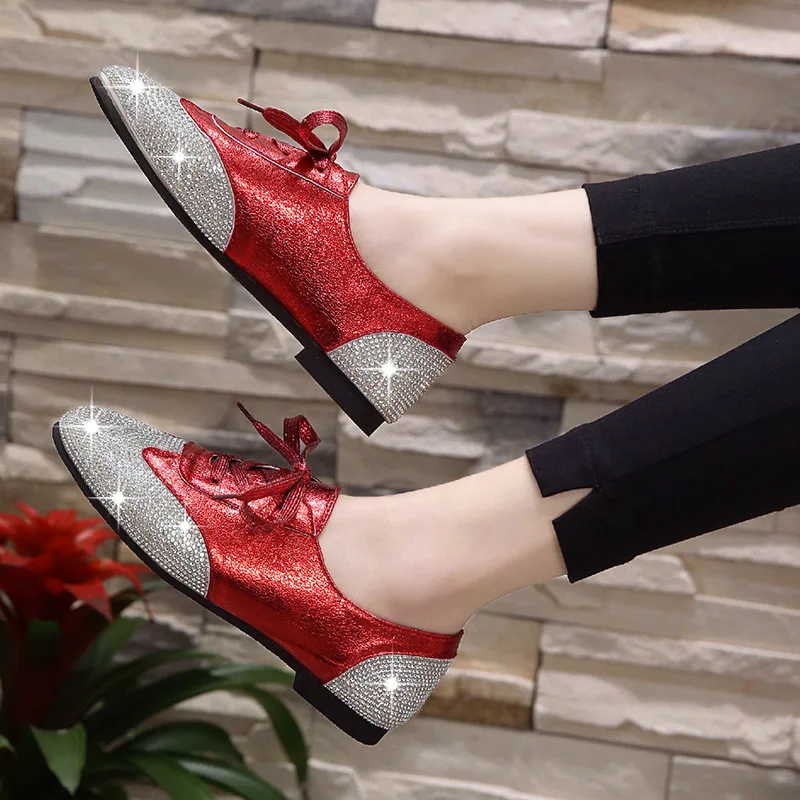 

Women's Casual Shoes 2018 New Rhinestone Red Flat Casual Shoes Lace Up Mixed Color Bling Crystals