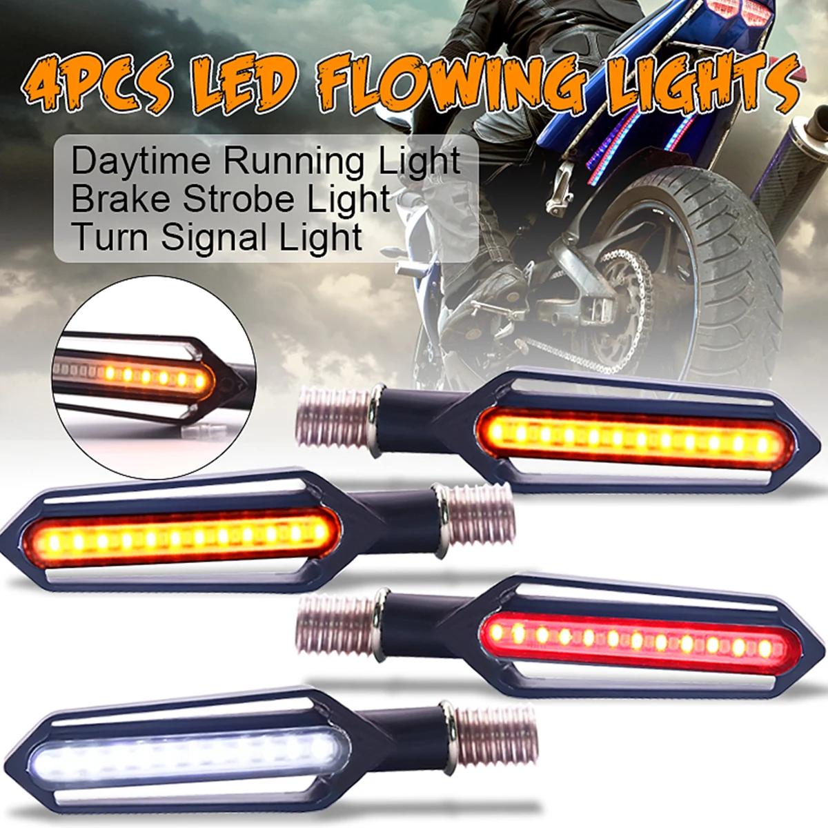 

4x Motorcycle Sequential Flowing 24LED Turn Signal Indicator Light White DRL+Amber Flowing Turn Signal+Red Brake Strobe Light