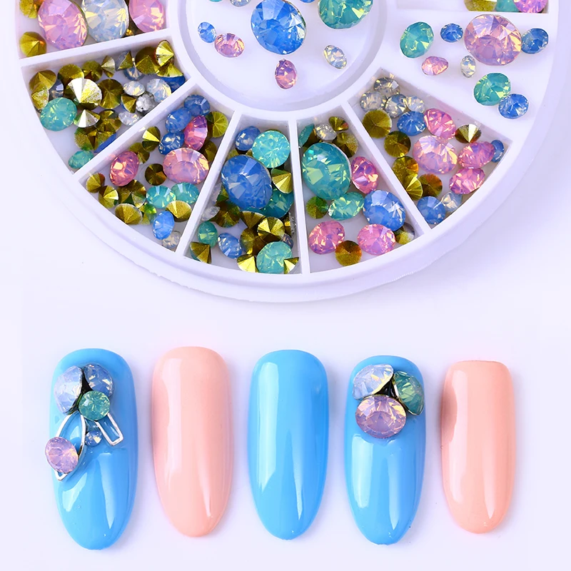 

1 Box Nail Rhinestone Sharp Bottom Colorful Opal Multi-size Manicure 3D Nail Art Decoration in Wheel for UV Gel Polish DIY