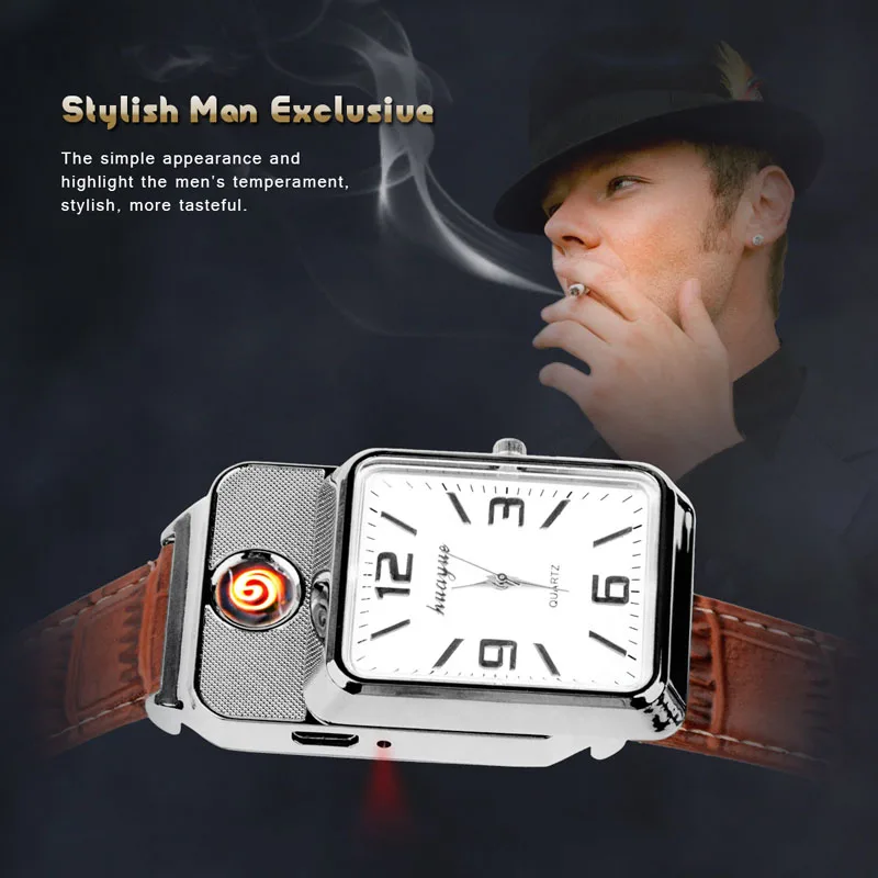 

2019 USB Rechargable Windproof Flameless Cigarette Lighter Watch Reloj masculino Men Casual date clock Quartz Wristwatches