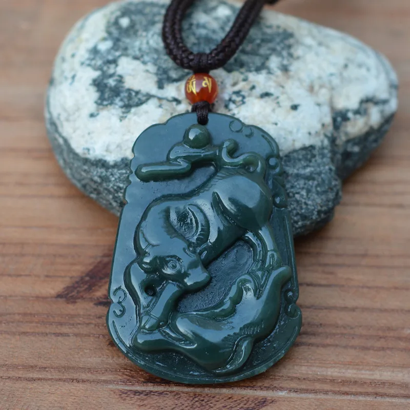 Natural Green Hetian Jades Pendant 3D Carved Chinese Zodiac Cattle ...