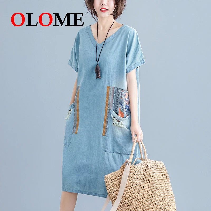 

Women new thin denim plaid over size Denim print vintage T-shirt dresses Female Skirts Girls art v-neck loose MIDI Clothing 298