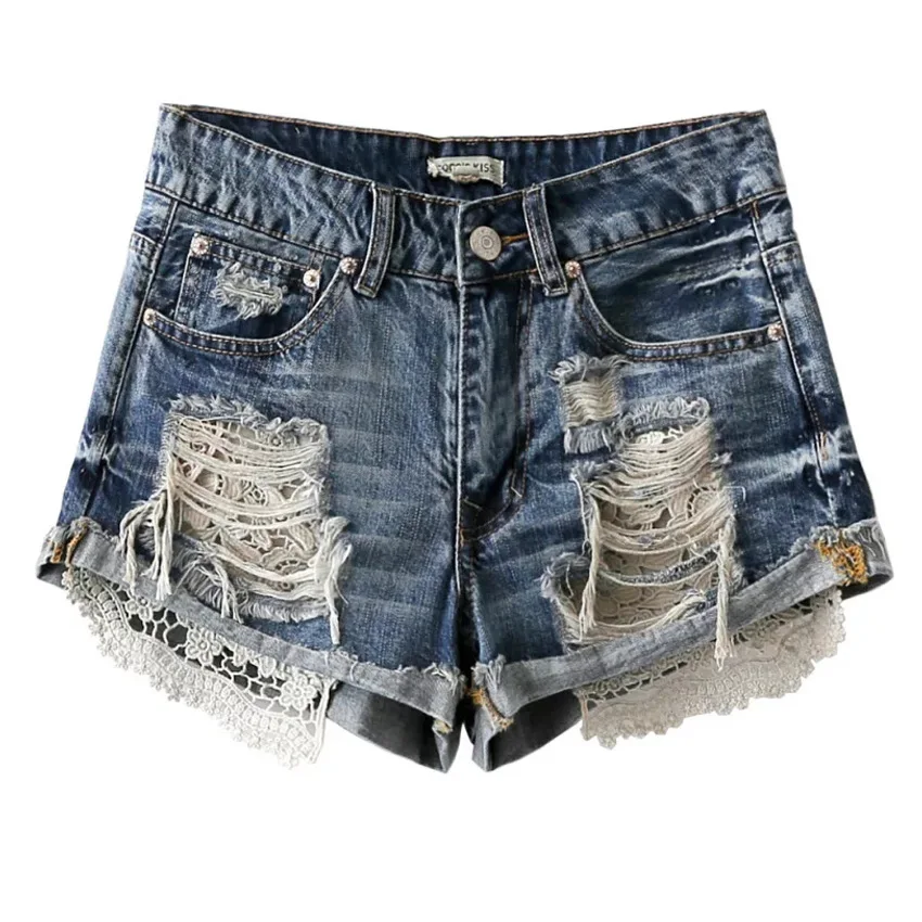 Woman shorts 2017 new arrival summer female blue high waist denim shorts women loose Sexy lace