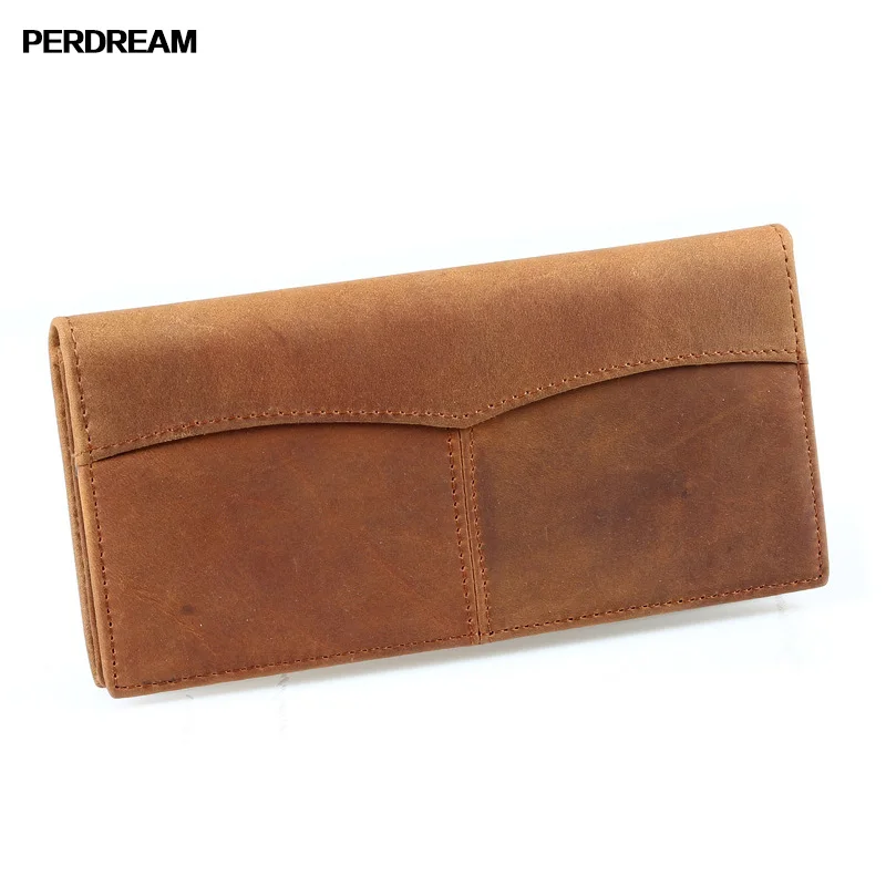 

PERDREAM Vintage Genuine Leather Man Wallet Solid Long Cow Leather Wallet Male Clutch Bag No Zipper Purse Coin Bag Card Holder