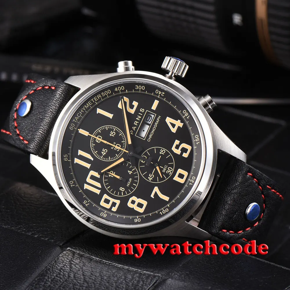 

43mm parnis black dial orange marks date week Full chronograph quartz mens watch
