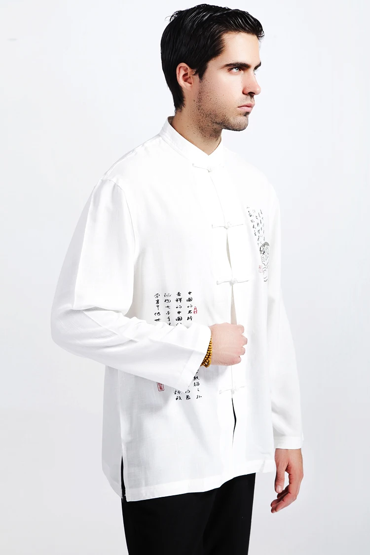 Белое мужское хлопковое белье рубашка Кунг-фу с длинными рукавами классический китайский стиль Tang одежда Размер S M L XL XXL XXXL hombre Camisa Mim02C