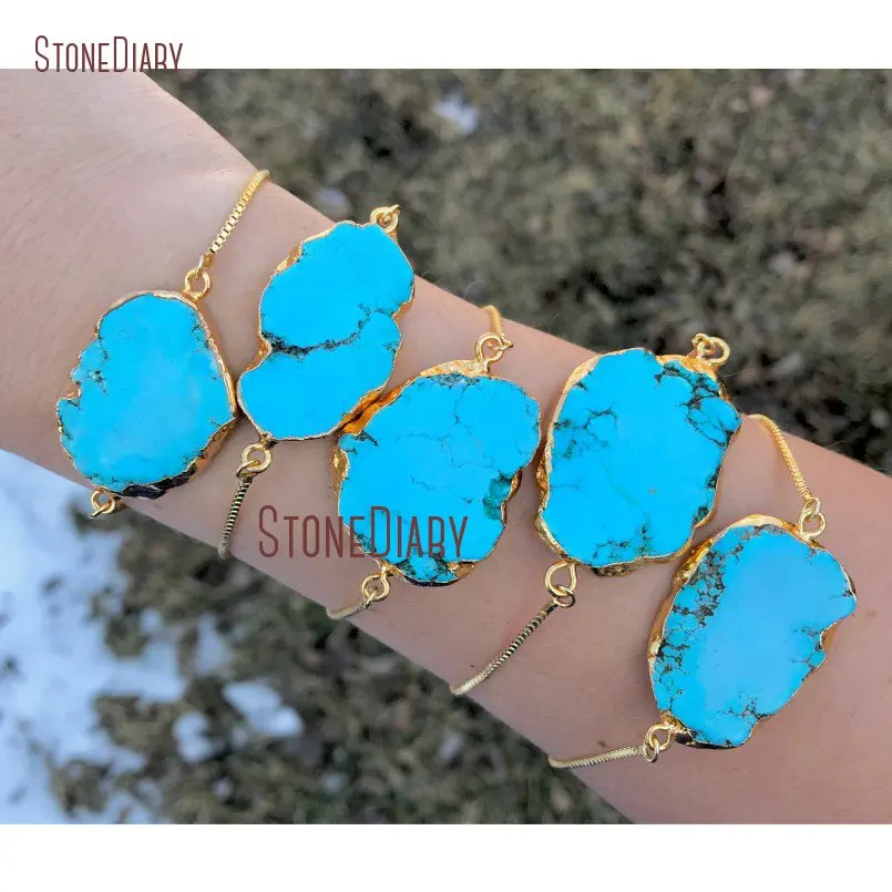 

Freeform Turquoises Connector Bracelet Gold Electroplated Chain Link Turquoises Slice Bracelet In Adjustable BM11247